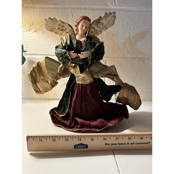 Vintage  Cartapesta Style 12” Gold Burgundy Green Angel Tree Topper Paper Mache - Picture 1 of 6